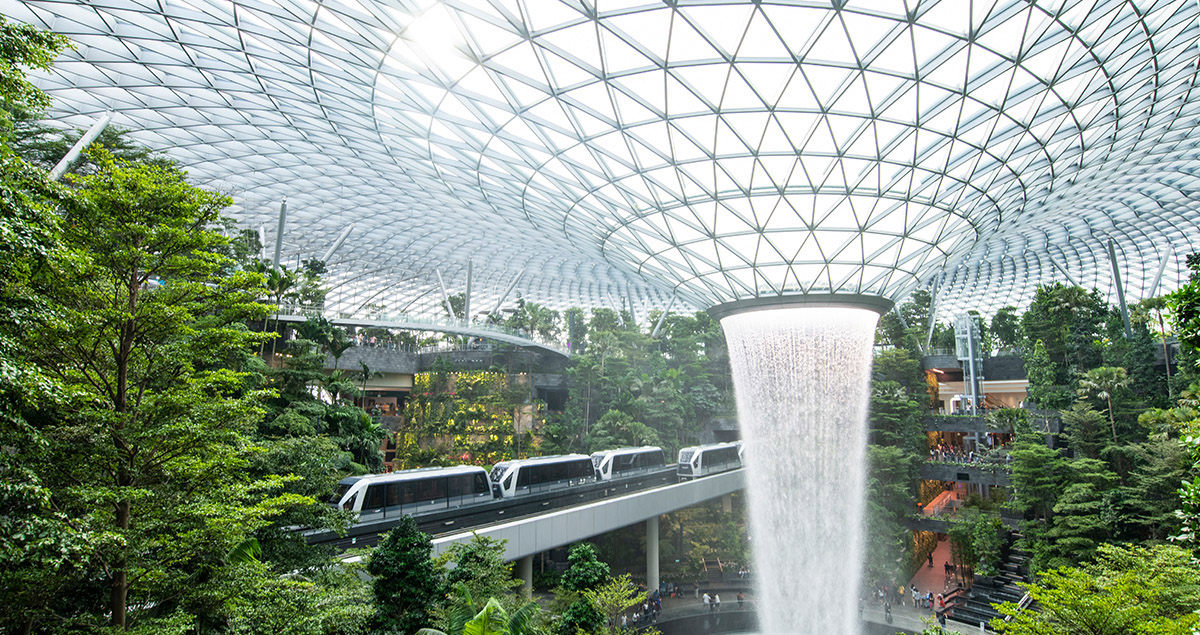 Skytrain passengers get a close-up view of Jewel’s iconic Rain Vortex – the world’s tallest indoor waterfall 