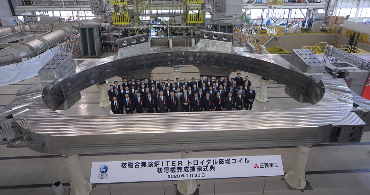 Dr. Bigot, Director-General of ITER, and the project partners including MHI, at the shipping ceremony for the first completed TF coil