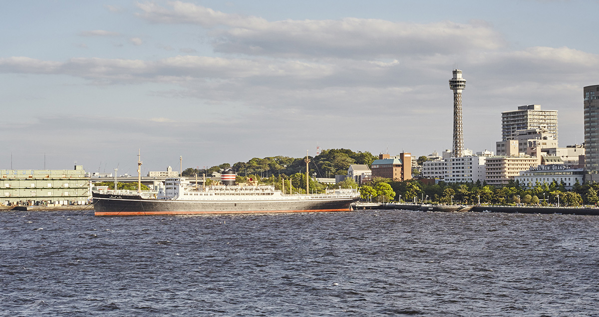 A view from Osanbashi Pier. The Hikawa Maru is permanently moored at Yamashita Park, built from the rubble of a 1923 earthquake that flattened buildings and destroyed Yokohama’s beloved waterfront Bund.