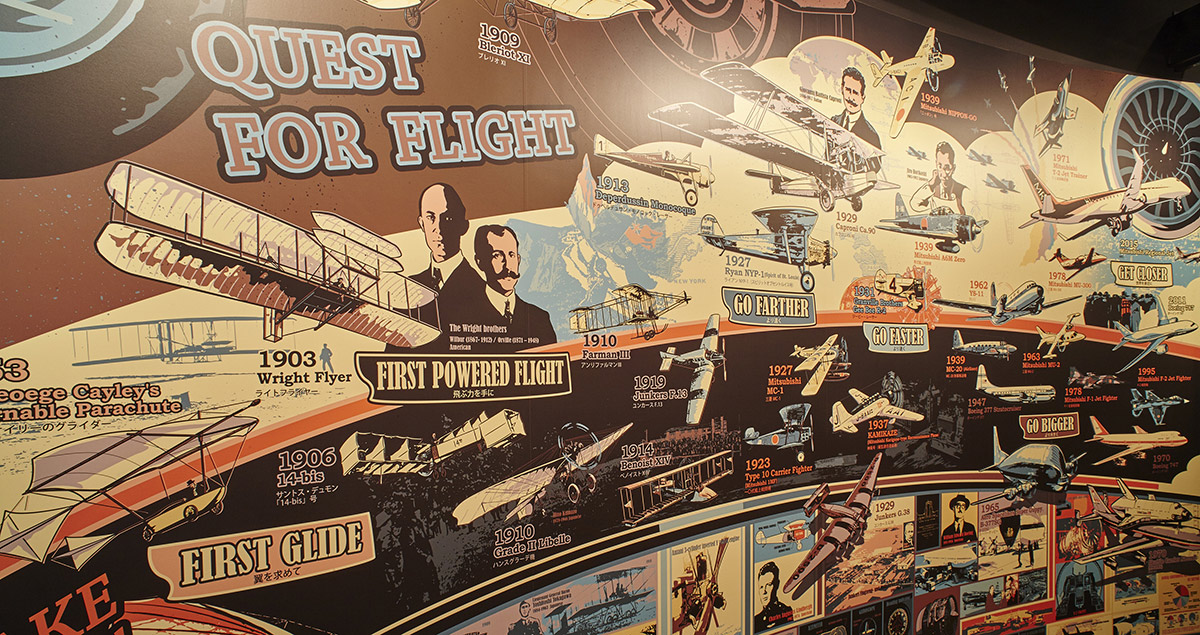 Intricate murals celebrate a timeline of human achievements in aviation as well as space faring technologies.