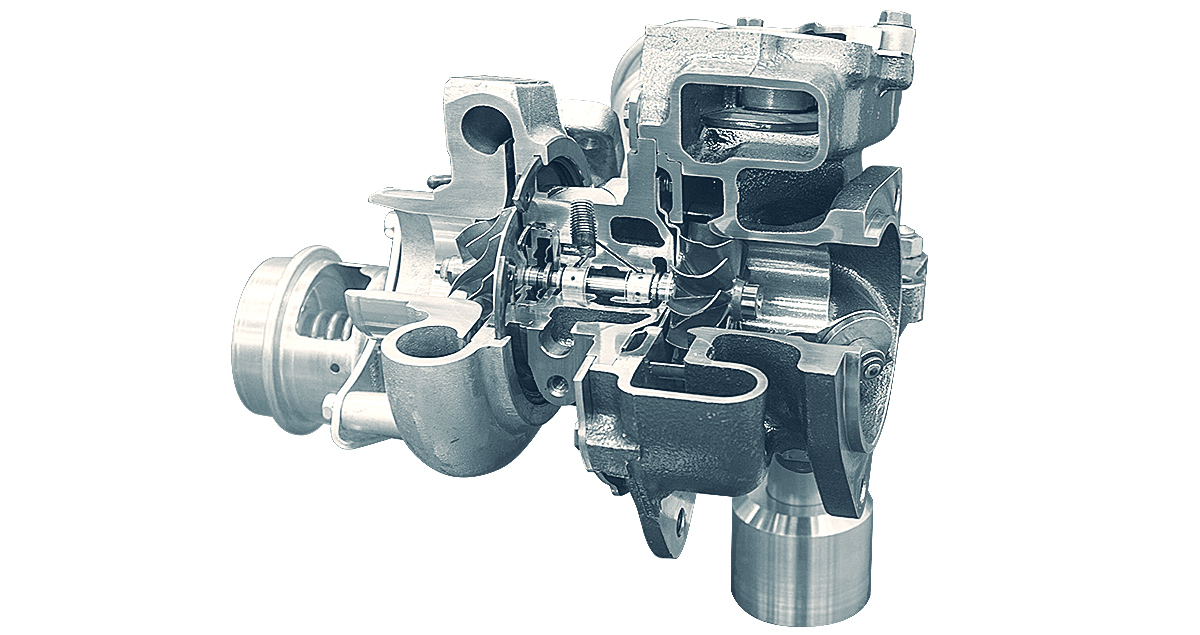 A turbocharger cross-section showing its internal workings.
