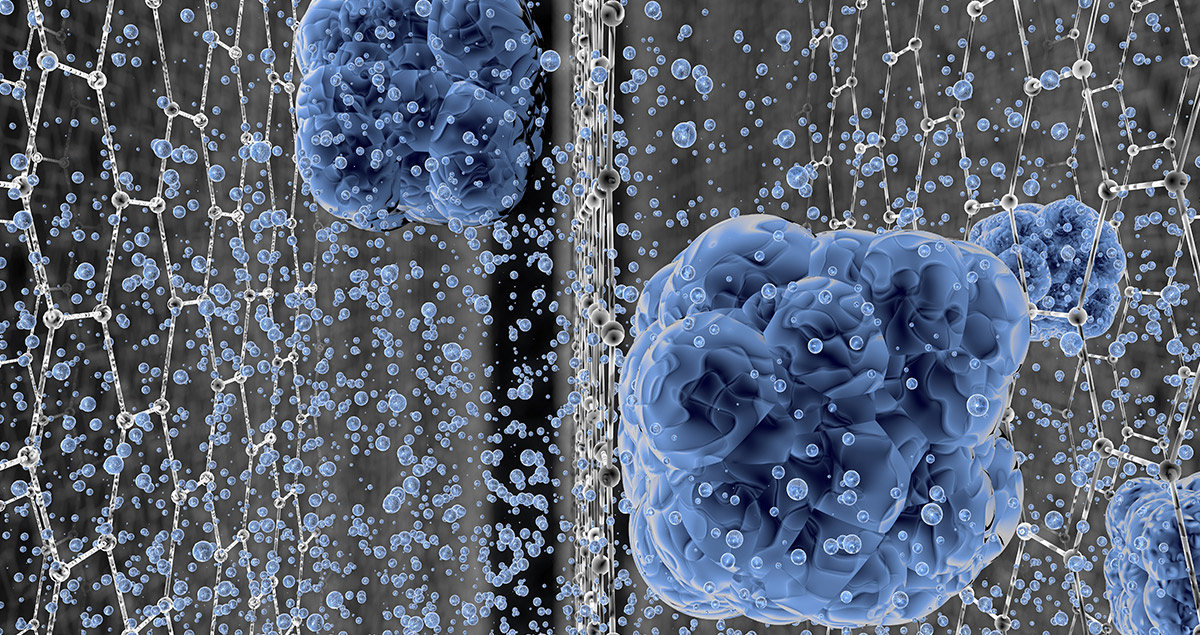 Artist’s rendering of graphene filtering salt water