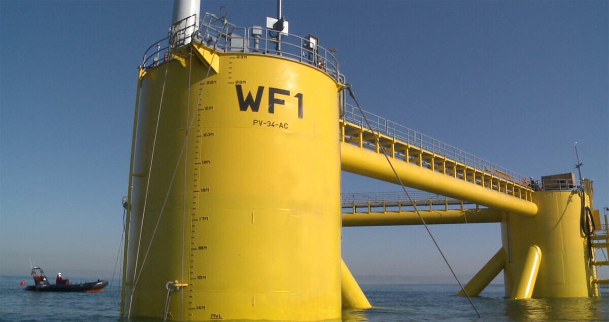 A floating foundation for a wind turbine is put in place at Windfloat Atlantic, Portugal